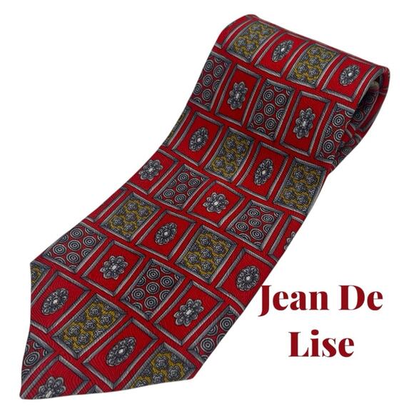 Jean de Lise Red Silver Gold Pure Silk Career Office Necktie NWOT - Picture 1 of 7